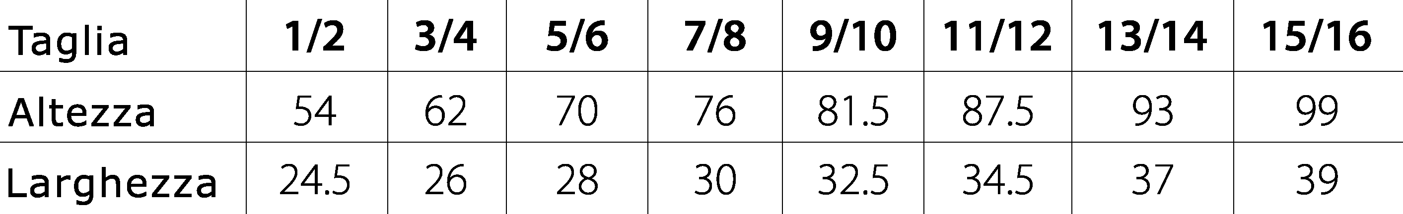 Tabelle taglie felpa 1